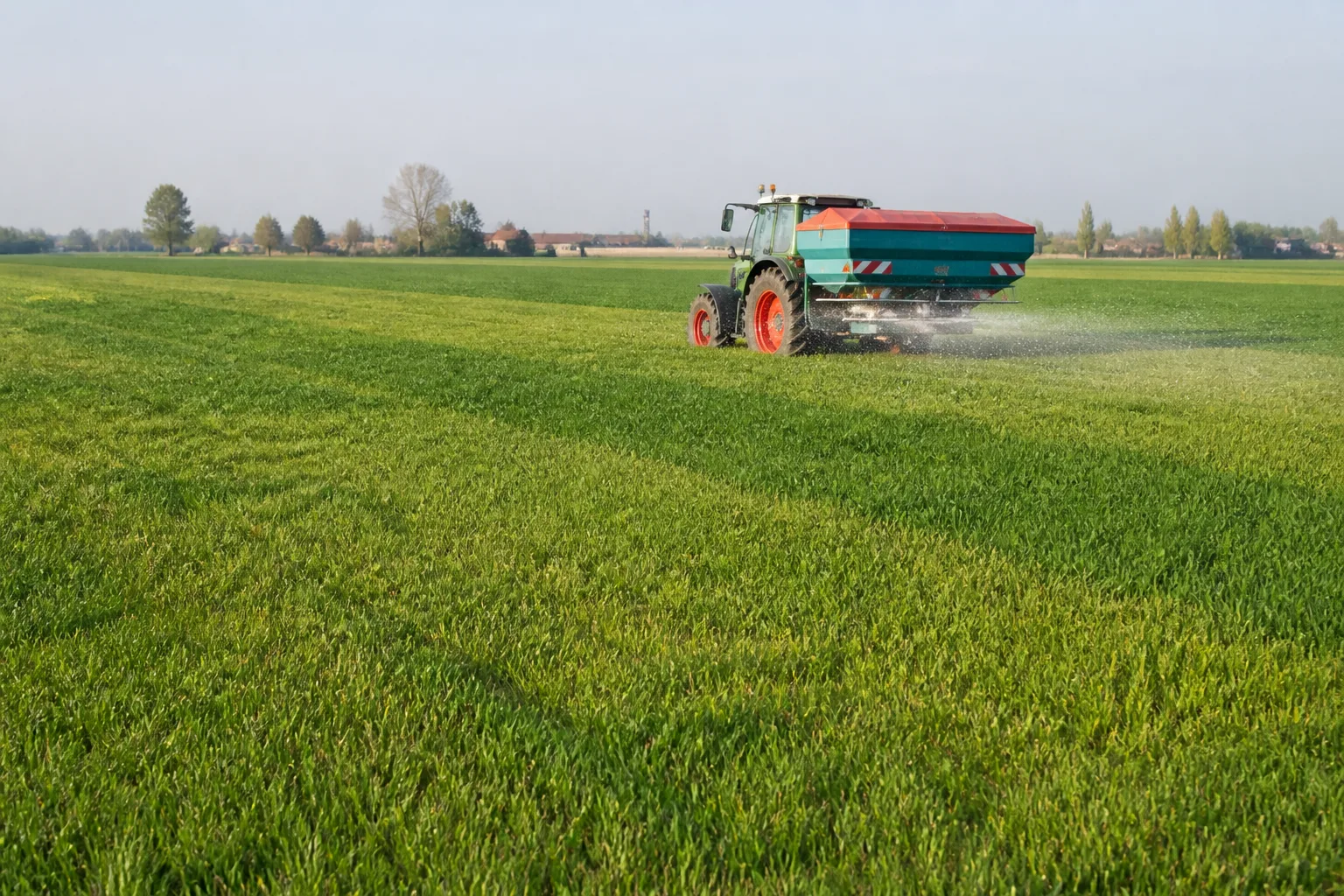 Trattore con spandiconcime al lavoro in un campo di grano con zone di vigore differenti