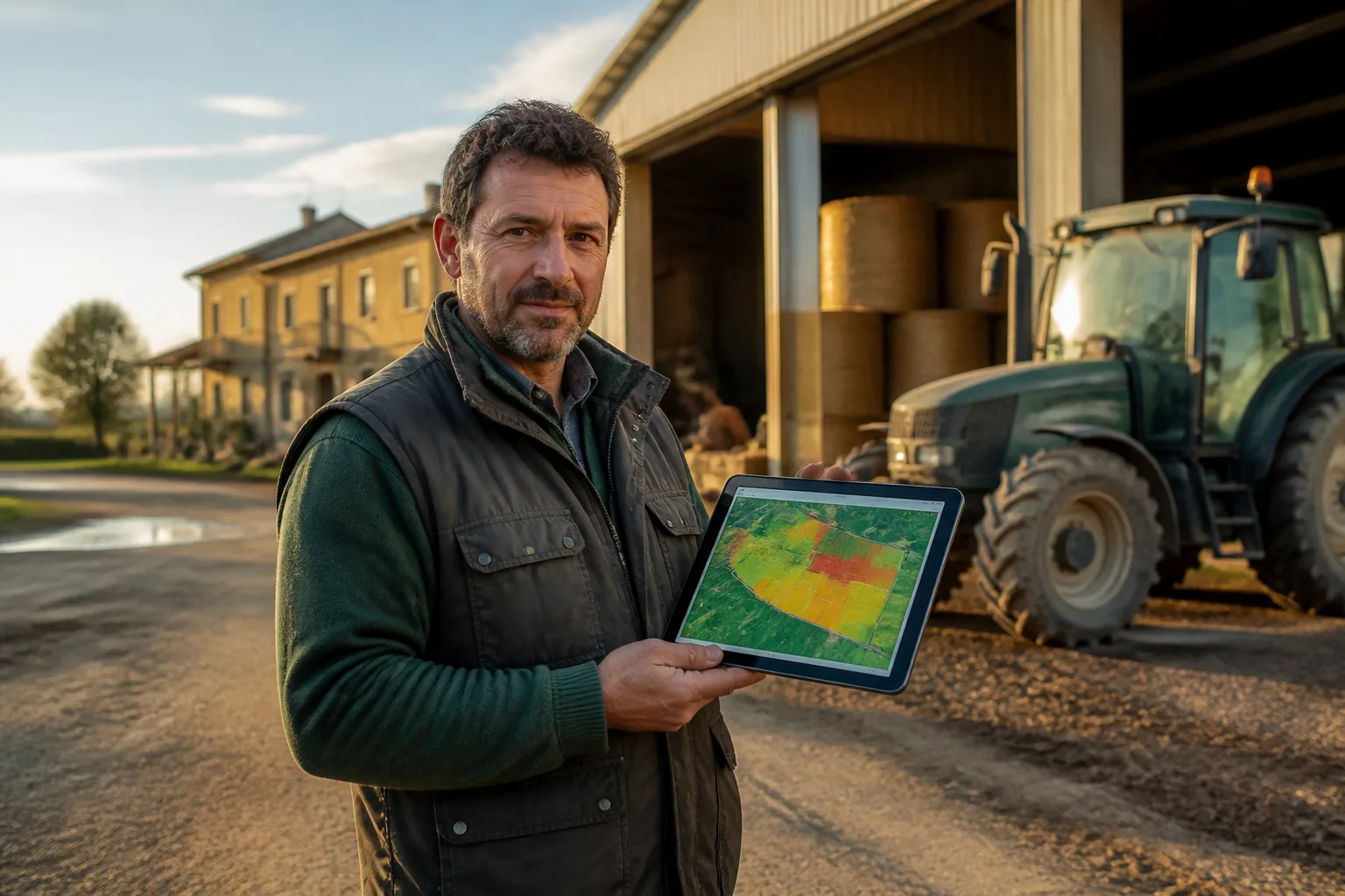 Agricoltore che consulta la mappa dei campi su tablet nel cortile dell'azienda
