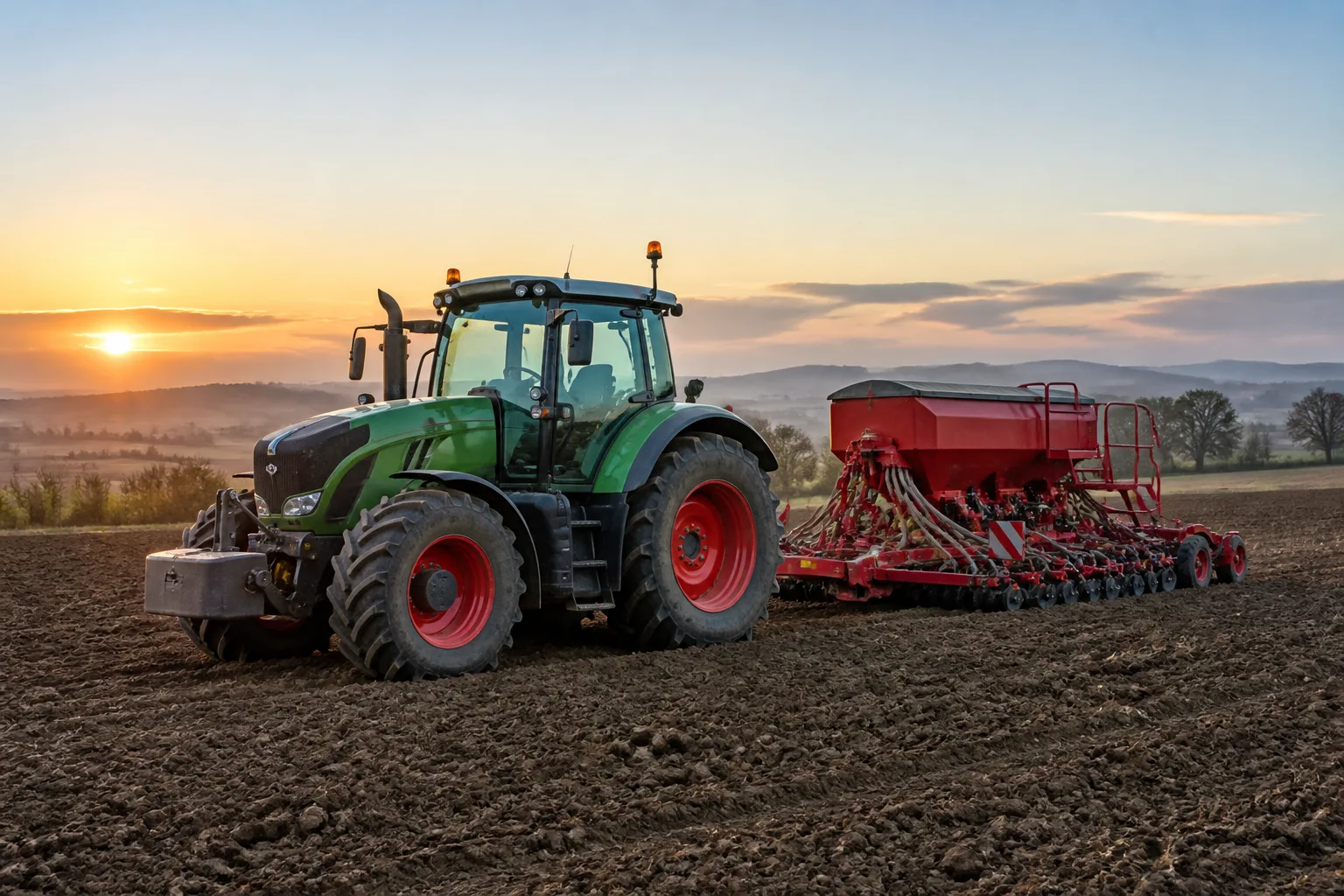Trattore agganciato a una seminatrice trainata in un campo all'alba