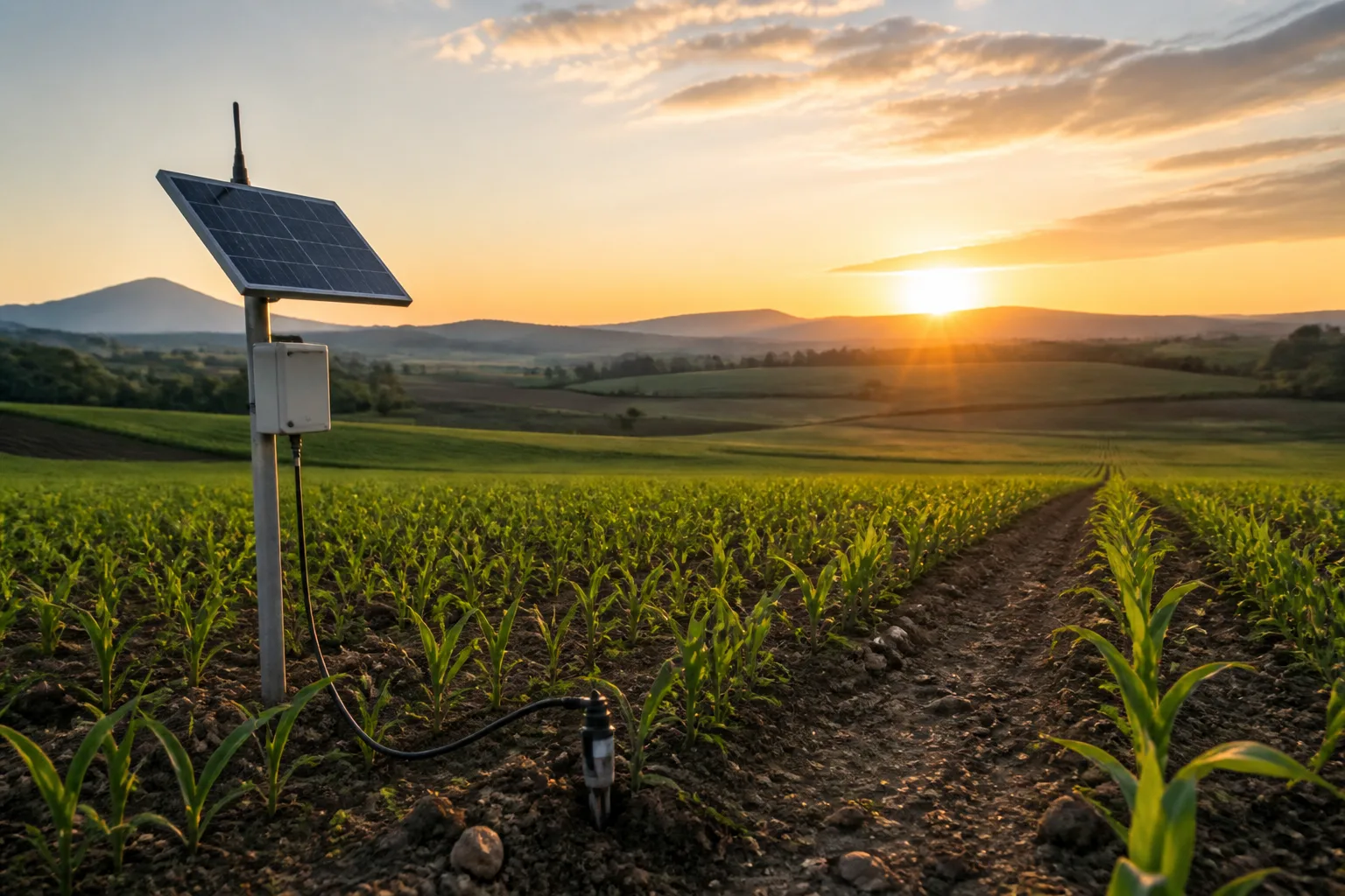 Rete di sensori IoT con gateway solare installata ai margini di un campo coltivato