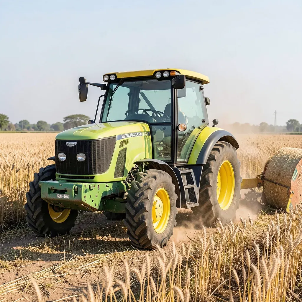 Trattore New Holland Workmaster 105 con cabina climatizzata chiusa e imballatrice rotante Roll‑Bar 125 in un campo di grano polveroso in Haryana, India.