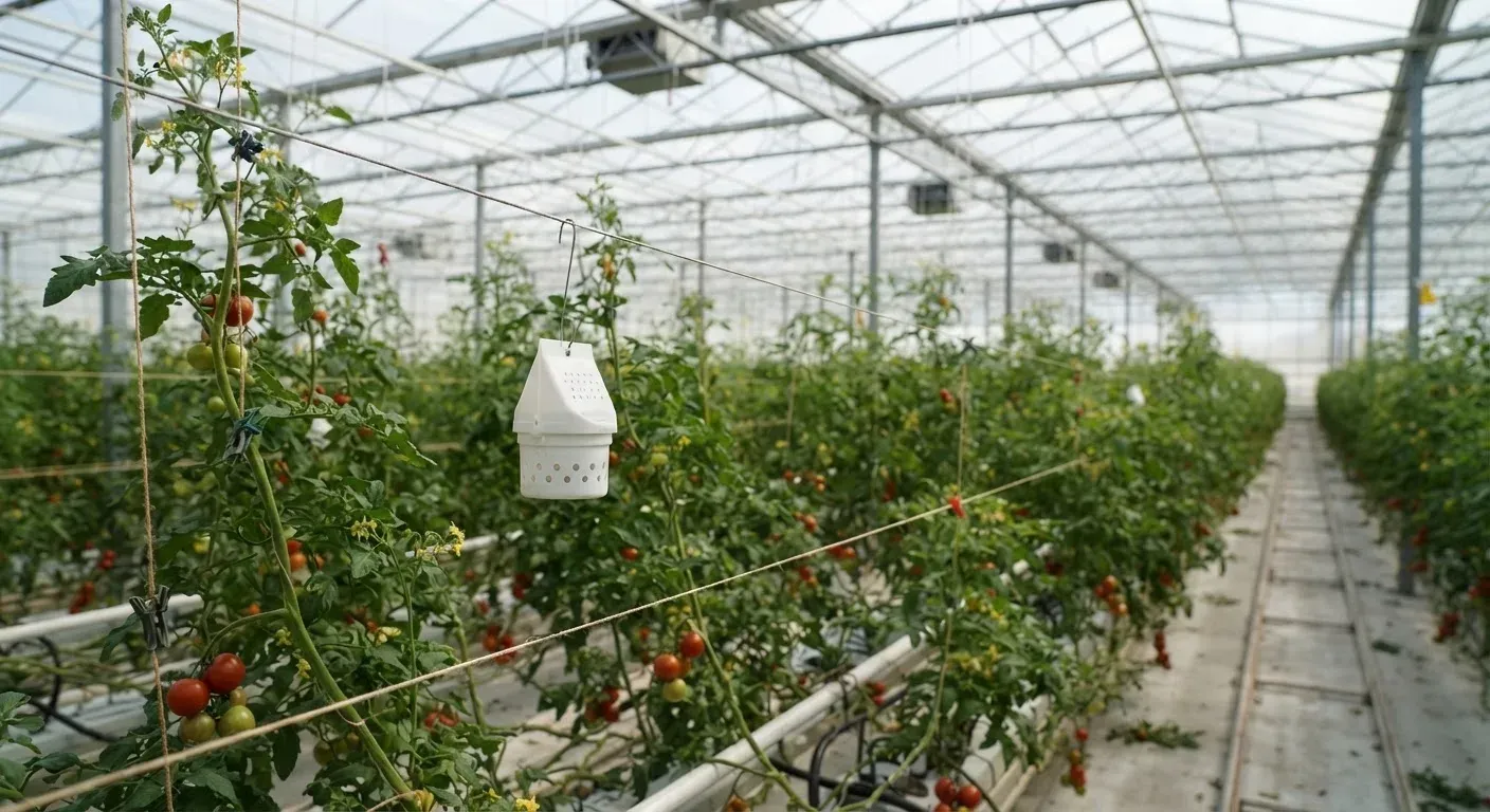 Serra commerciale moderna con filari di piante di pomodoro e un piccolo diffusore di feromoni bianco appeso a un filo di sostegno, luce naturale soffusa, profondità di campo ridotta sullo sfondo