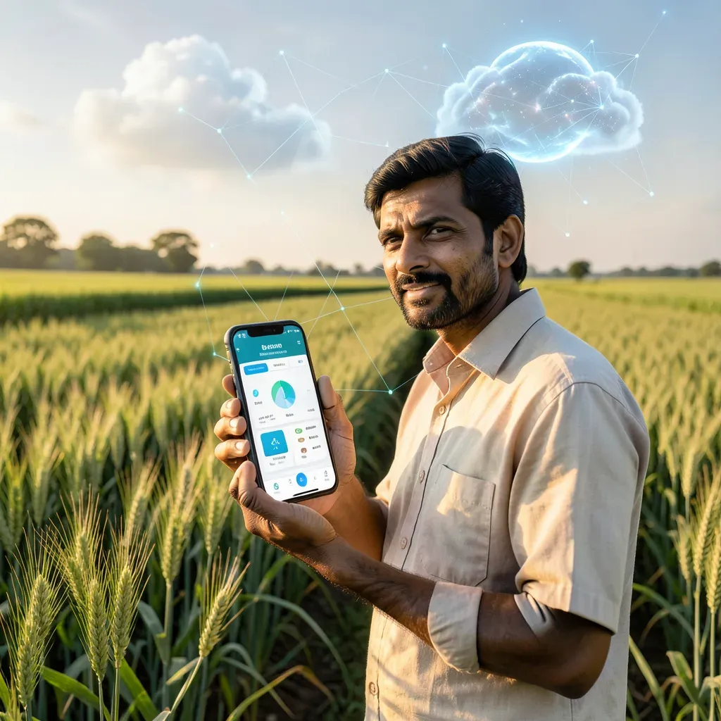 Agricoltore indiano in un campo di grano con smartphone che mostra un’app di consulenza agricola basata su AI, circondato da flussi digitali verso una nuvola luminosa