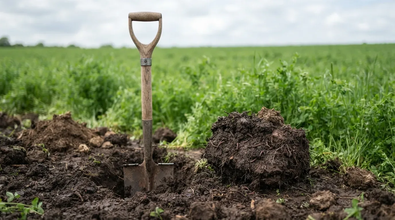 Suolo agricolo sano e ricco di sostanza organica in un'azienda rigenerativa