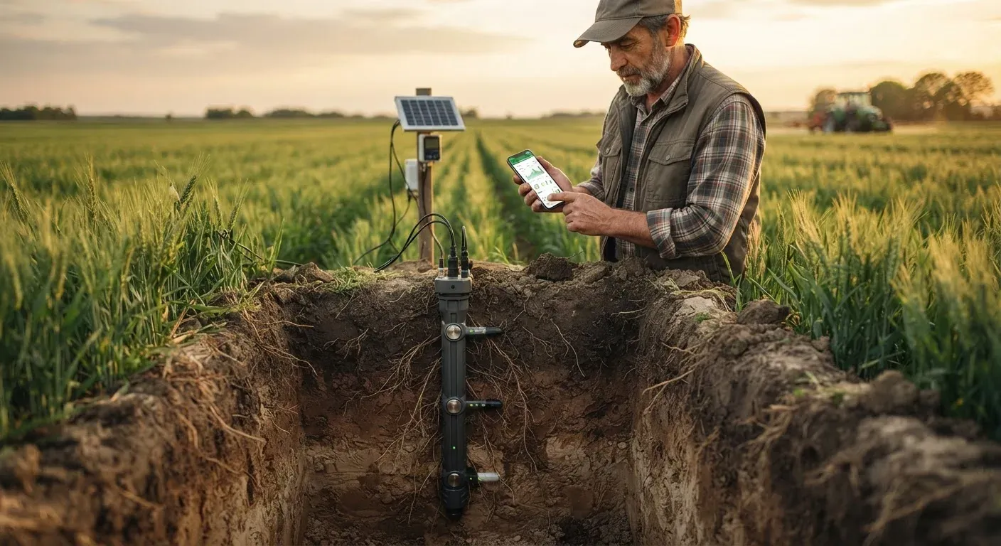 Sezione trasversale del terreno agricolo con sonda di rilevamento interrata a profondità multiple, radici di colture visibili nel profilo del suolo e un agricoltore che consulta un pannello dati sul telefono