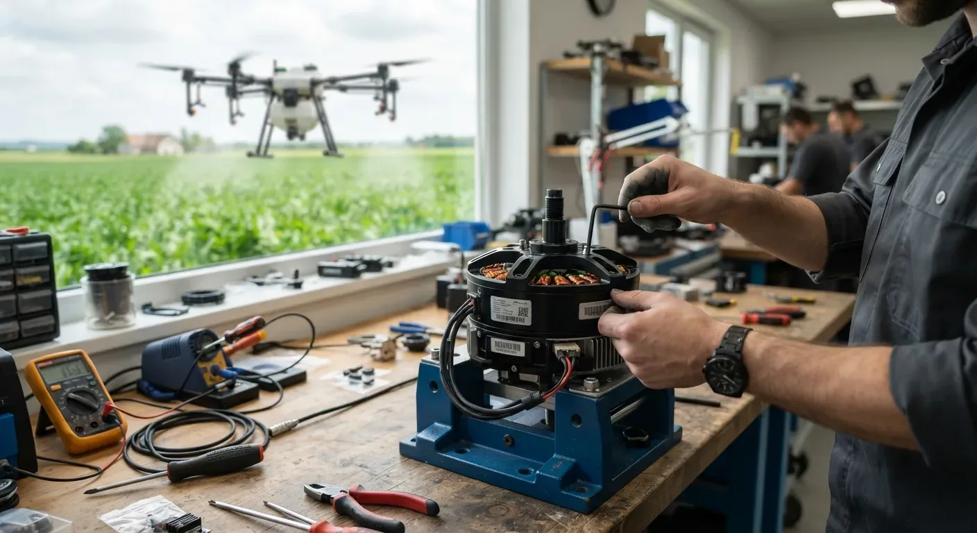 Dettaglio di un motore elettrico per droni agricoli pesanti prodotto da USA Drone Motors in fase di assemblaggio in un laboratorio californiano.