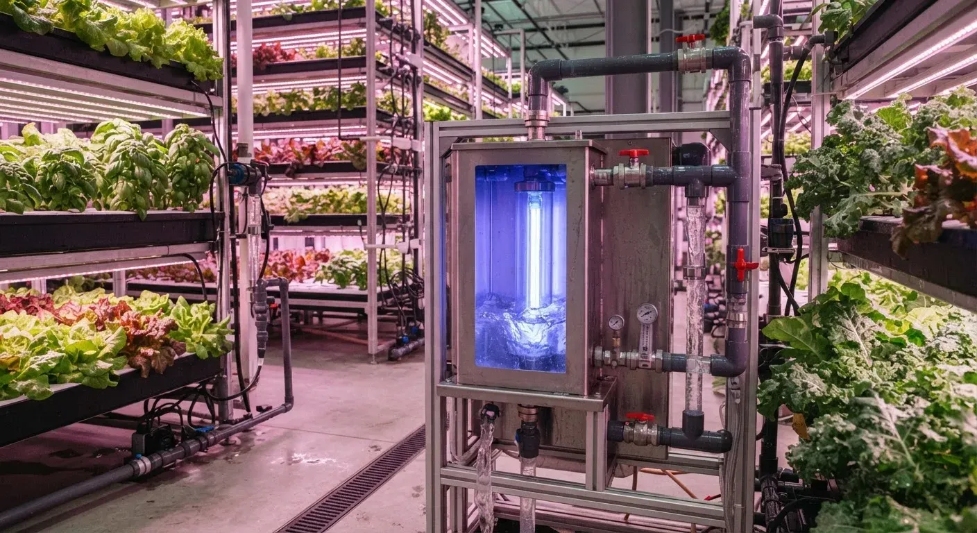 Sistema di disinfezione UV-C per l’acqua in una vertical farm con piante a foglia verde