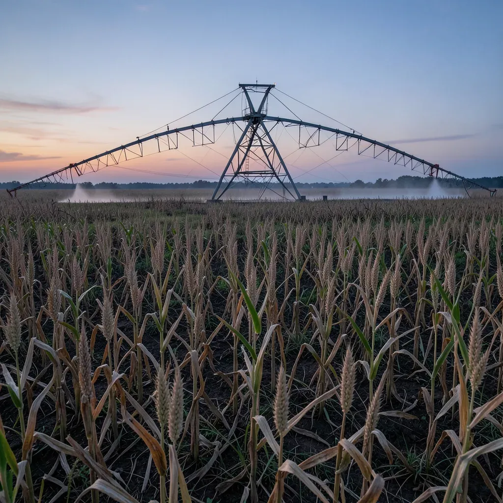 Un campo di grano in stress idrico nello Stato di Washington con un sistema di irrigazione a pivot che distribuisce acqua al tramonto.