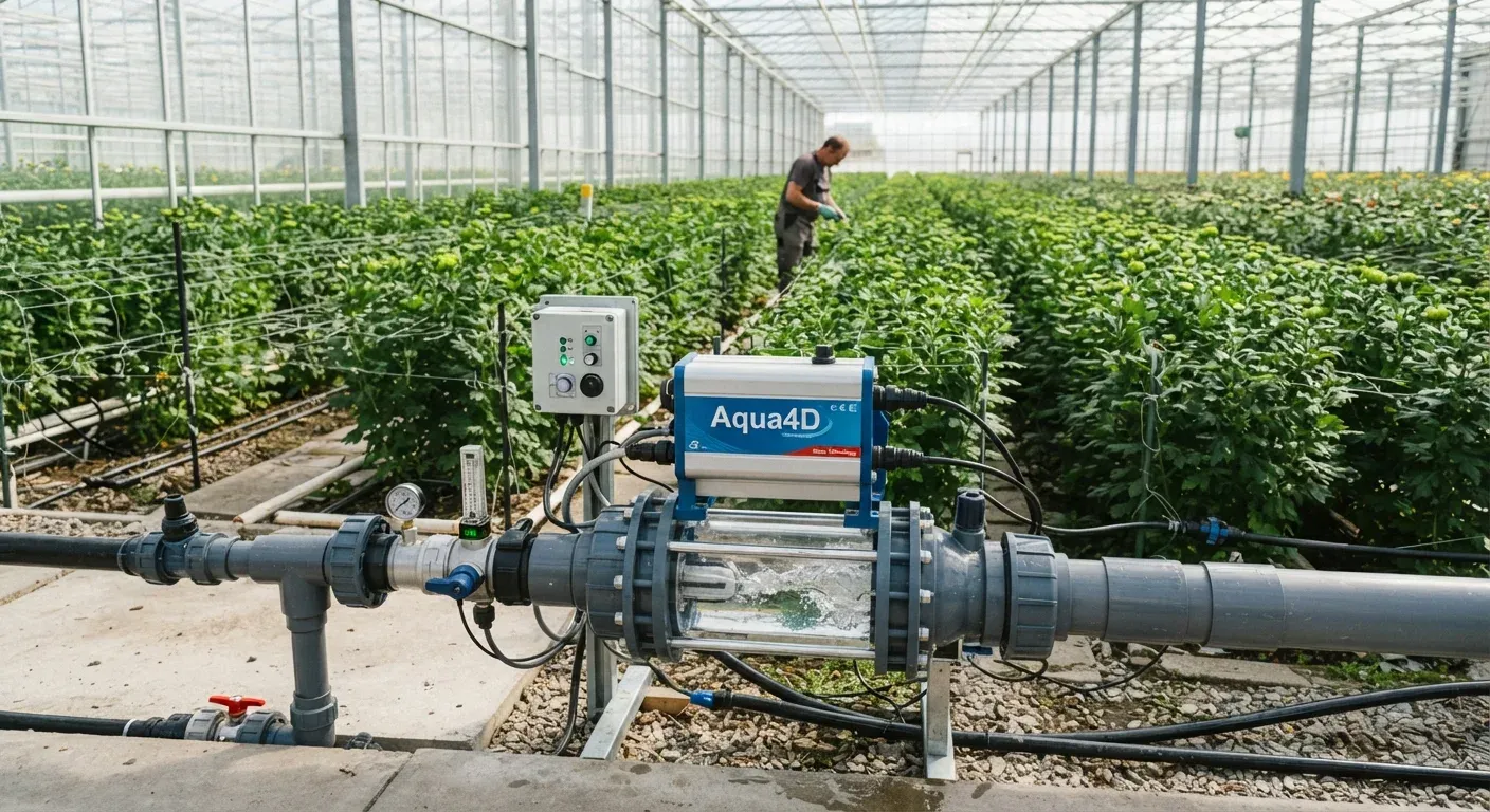 Unità di trattamento acqua Aqua4D installata su una tubazione di irrigazione in una serra olandese di crisantemi, con piante rigogliose sullo sfondo