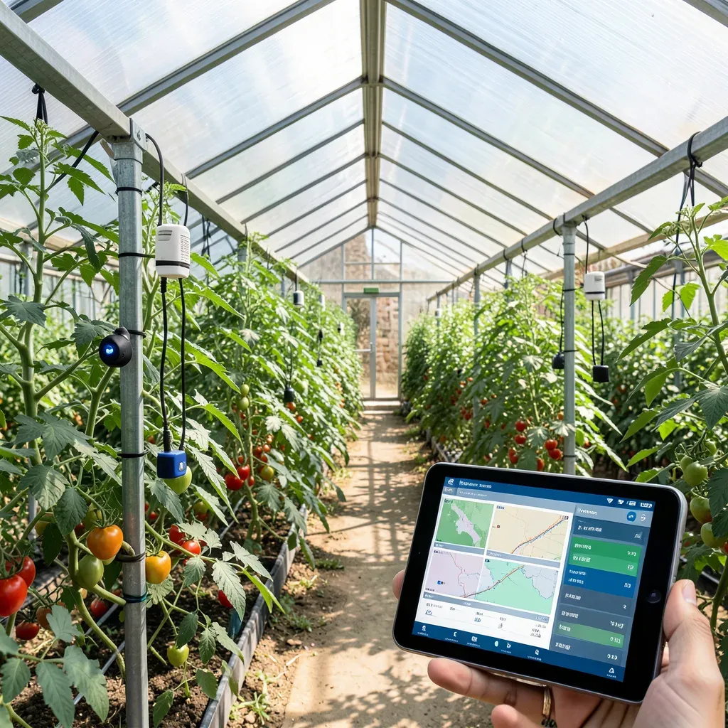 Interno di una serra mediterranea moderna con sensori IoT wireless applicati su un palo di sostegno tra filari di pomodori, e un tablet digitale in primo piano che mostra dati climatici.
