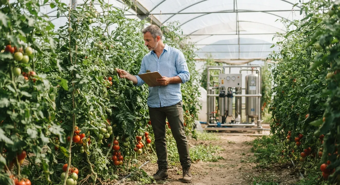 Agronomo in serra di pomodori in Sicilia osserva un impianto di trattamento dell'acqua con ozono, luce mediterranea, foto editoriale realistica
