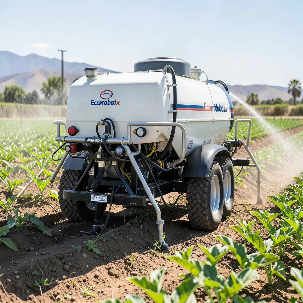 Irroratrice di precisione ARA595 di Ecorobotix in azione su un campo irriguo in California, con guide per tubi integrate tra gli irrigatori a pioggia laterale.