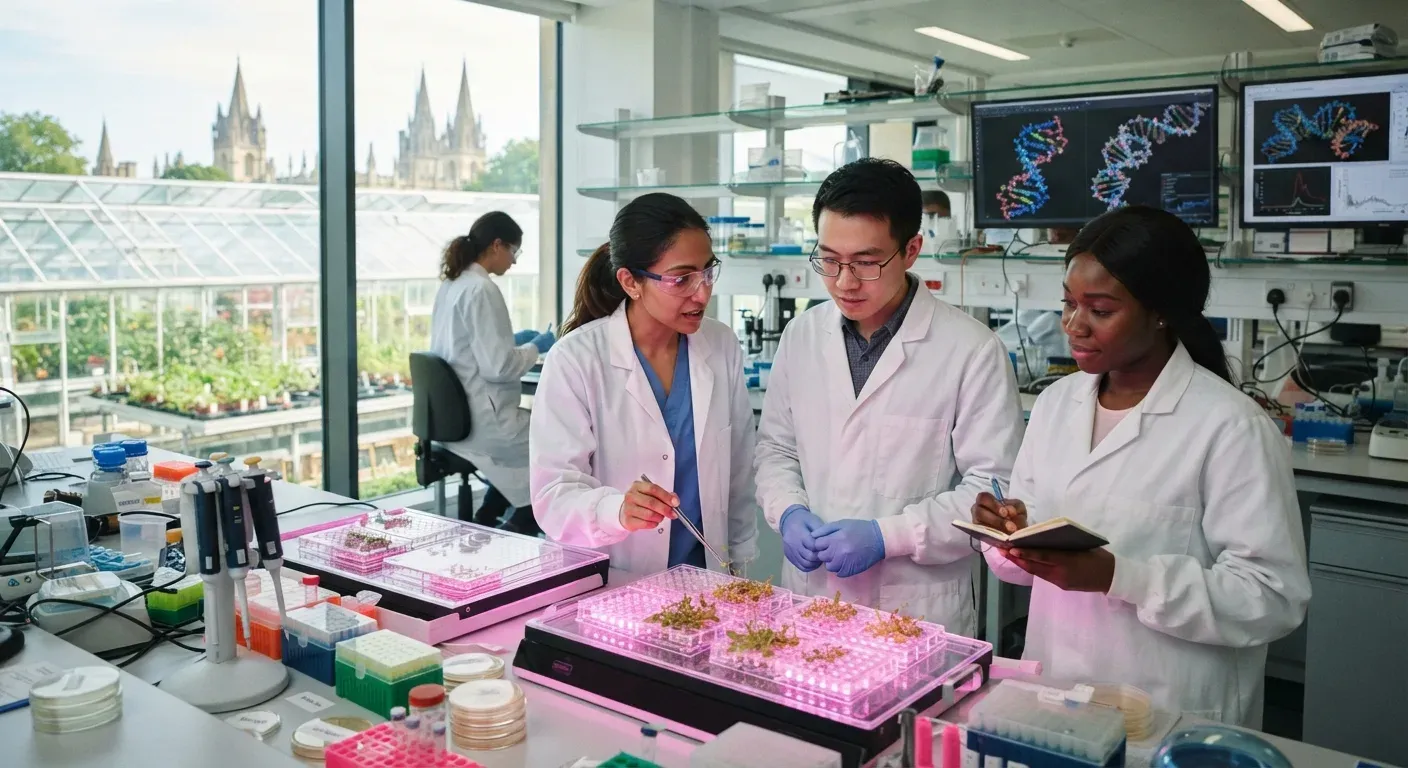Laboratorio di ricerca agritech di Moa Technology, Oxford, con piante miniaturizzate per lo studio di nuovi erbicidi.