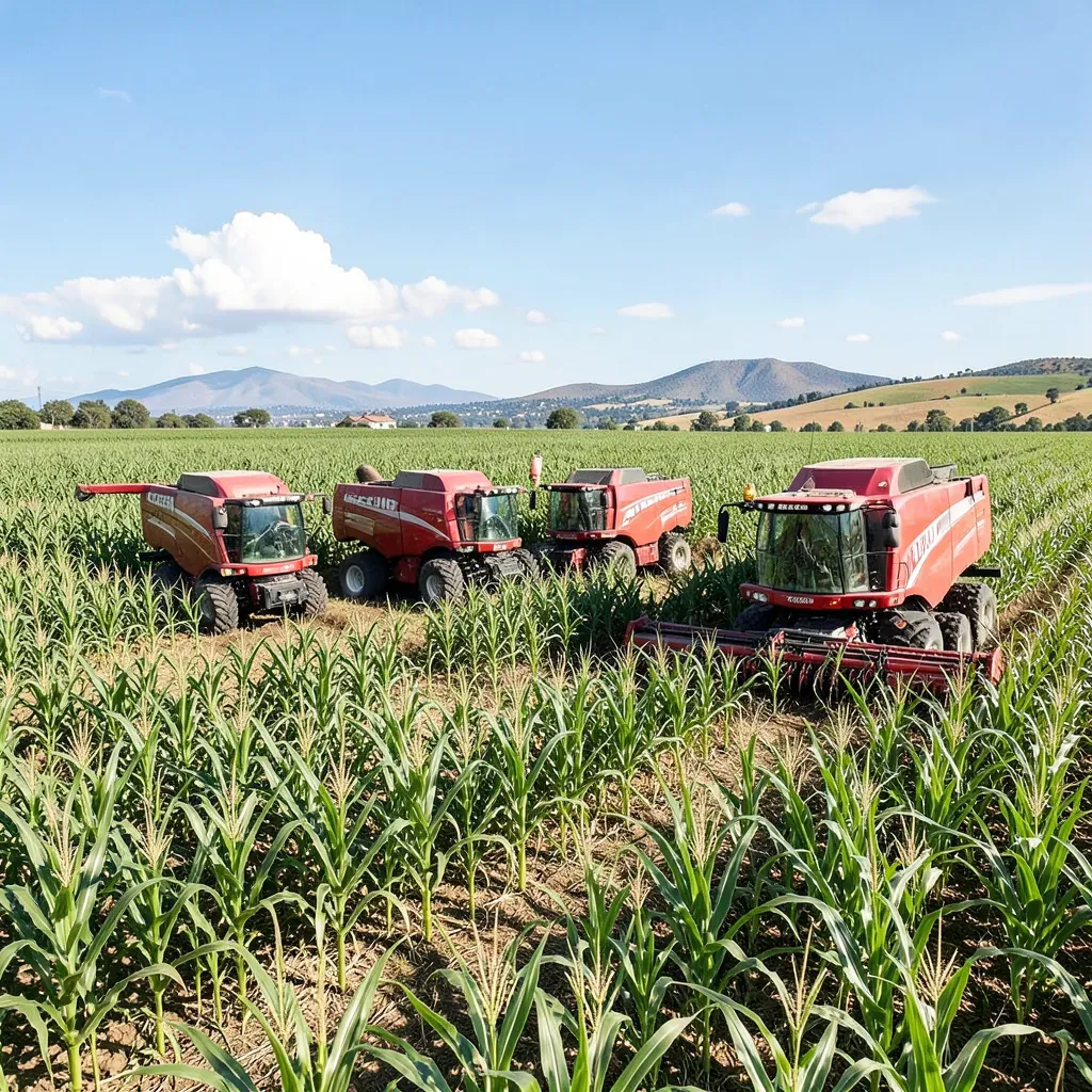 Una flotta di moderne raccoglitrici di canna da zucchero Case IH di colore rosso al lavoro in un vasto campo verde a Tucumán, Argentina.