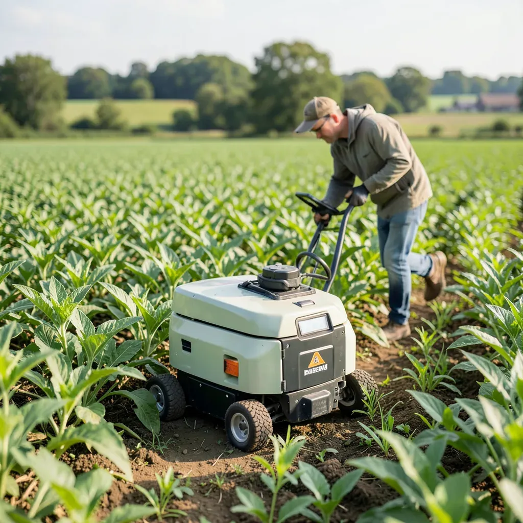 Robot sarchiatore autonomo in azione in un campo di colture, con un agricoltore che monitora il funzionamento tramite tablet.
