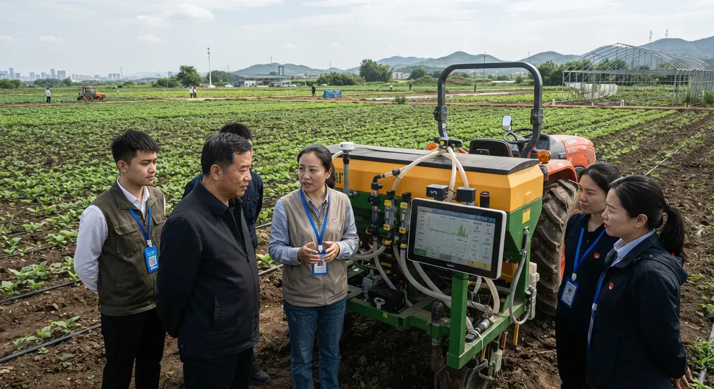 Un gruppo di delegati osserva un'attrezzatura per la fertilizzazione intelligente di precisione durante l'evento dimostrativo del 24 luglio 2026 nella base sperimentale del medio-basso Yangtze a Wuhan.
