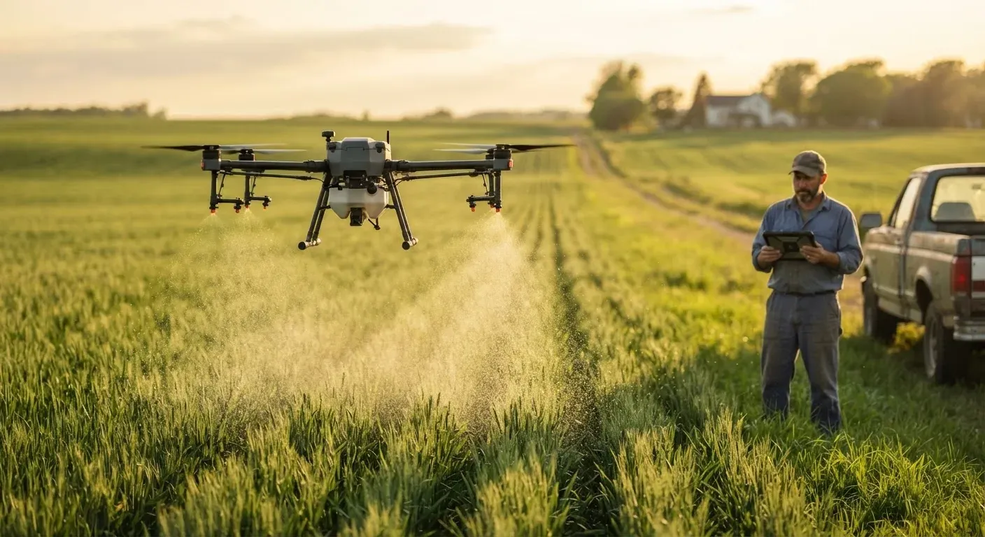Fotografia editoriale professionale di un drone agricolo multrotore che irrora un campo coltivato al tramonto, con una sottile nebbia di gocce visibile sotto i rotori e un agricoltore sullo sfondo che controlla un tablet, luce calda, alta definizione, nes