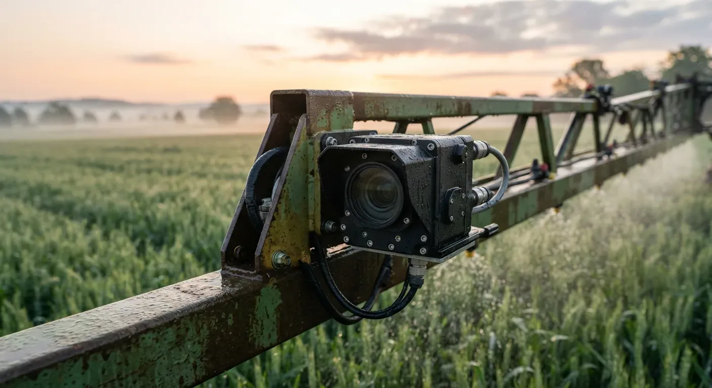 Fotografia professionale di una macchina agricola irroratrice con modulo di visione artificiale montato sulla barra, in campo alla luce del mattino; nessun testo o logo visibile.
