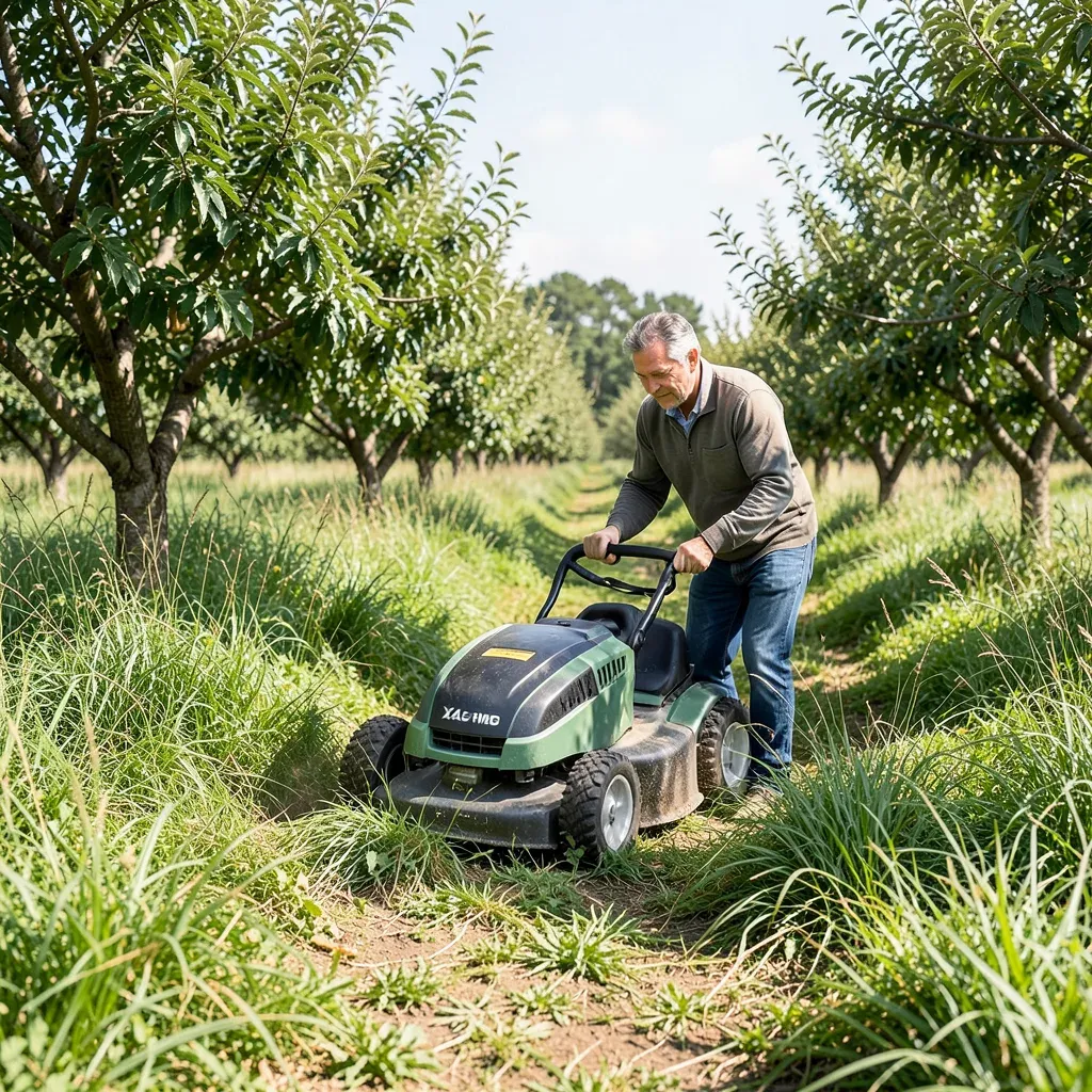 Il robot rasaerba elettrico autonomo XAG RM80 in funzione in un frutteto verdeggiante.