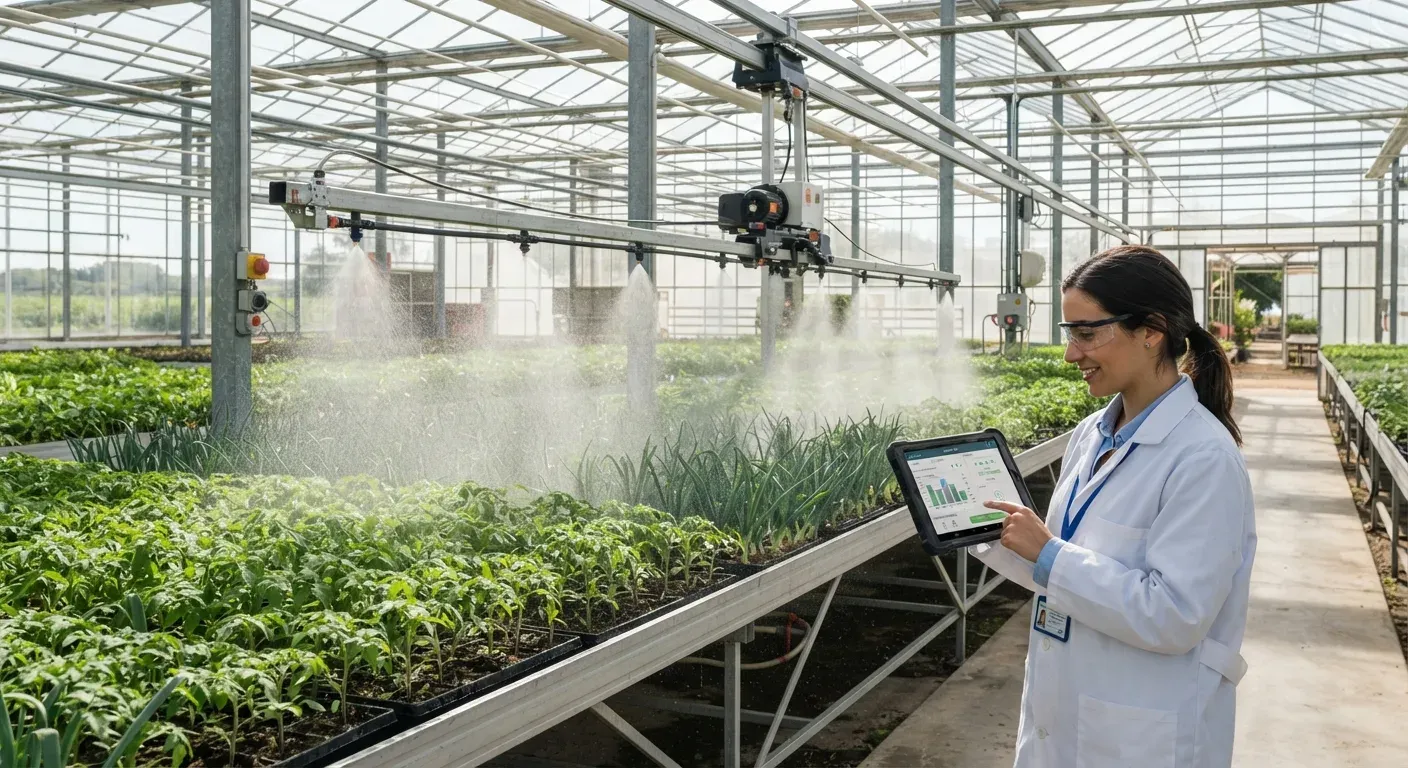 Serra vivaistica con carrello irrigatore automatico Smart Sowing che irriga uniformemente piantine di pomodoro e porro; un tecnico controlla il sistema dall’app Smart Rain su tablet.