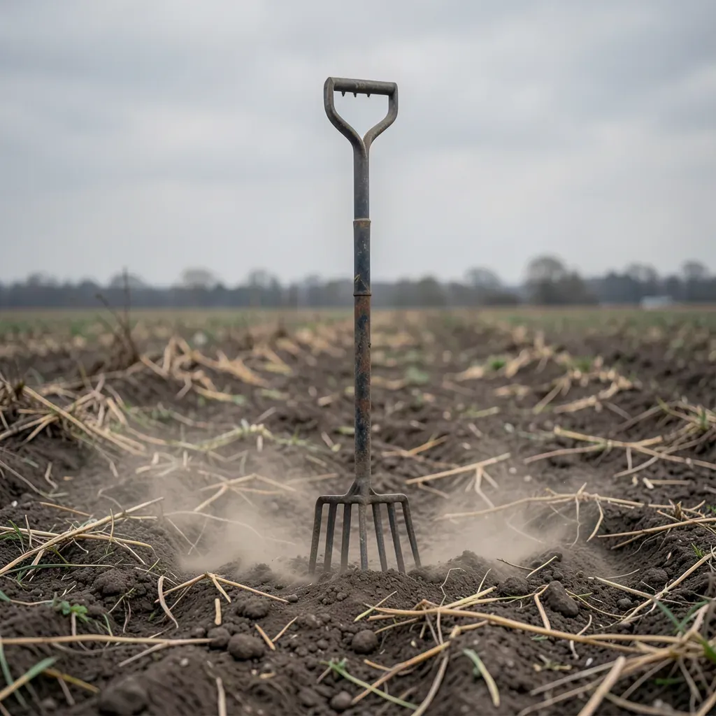 Sarchiatrice meccanica a denti ferma in un campo incolto e polveroso sotto un cielo grigio, simbolo del rallentamento del settore.