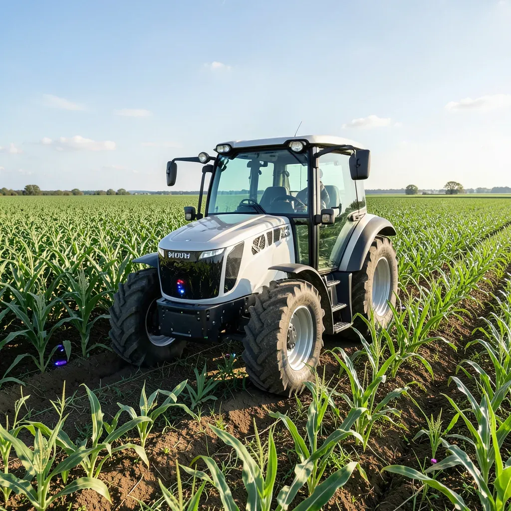 Trattore elettrico autonomo cinese Honghu T70 in azione in un campo agricolo, dotato di sensori LiDAR e telecamere, senza cabina di guida.