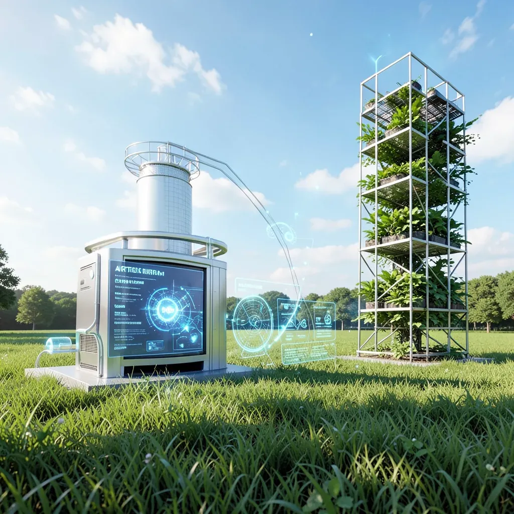 Illustrazione editoriale che combina un campo verde rigoglioso con un'unità futuristica di cattura del carbonio, un'interfaccia AI luminosa e una torre di agricoltura verticale sotto un cielo luminoso.