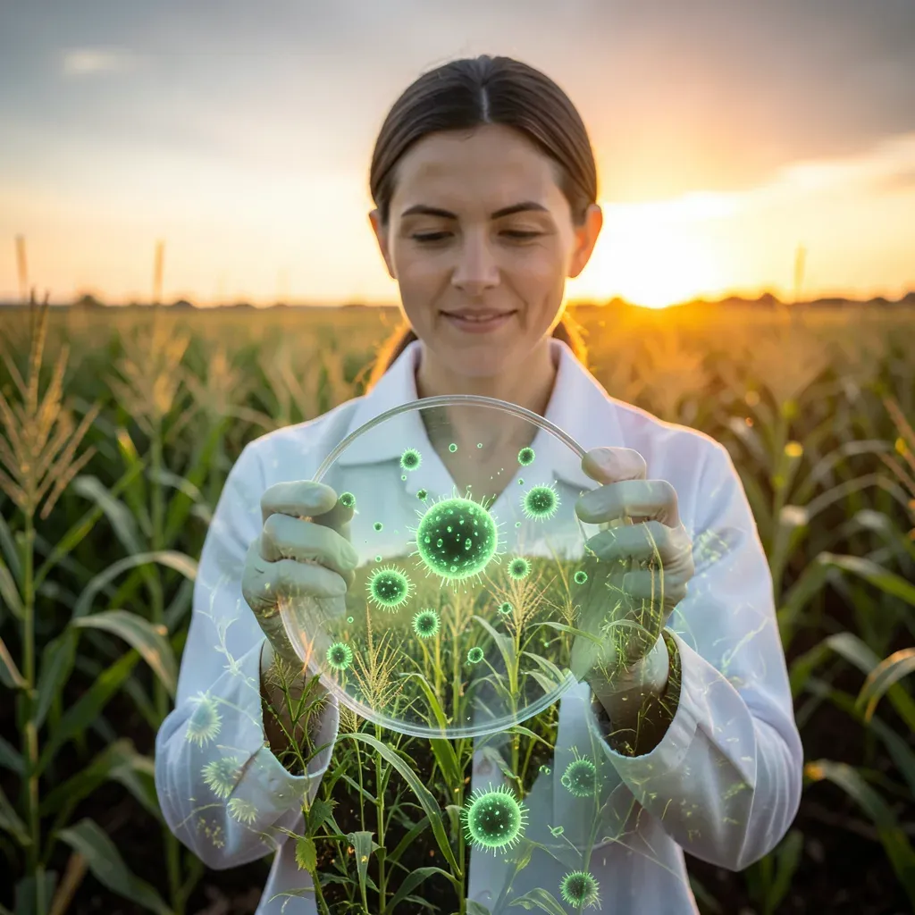 Scienziato in camice bianco tiene una piastra di Petri con batteri verdi luminescenti, in doppia esposizione su un campo coltivato verdeggiante all’alba; rappresenta il superamento del Rubicone nella fertilizzazione biologica.