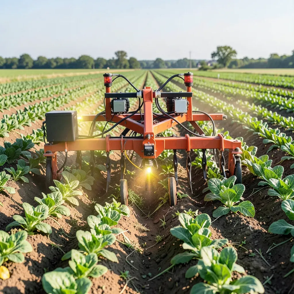 Attrezzatura per il diserbo laser al lavoro su un campo di ortaggi