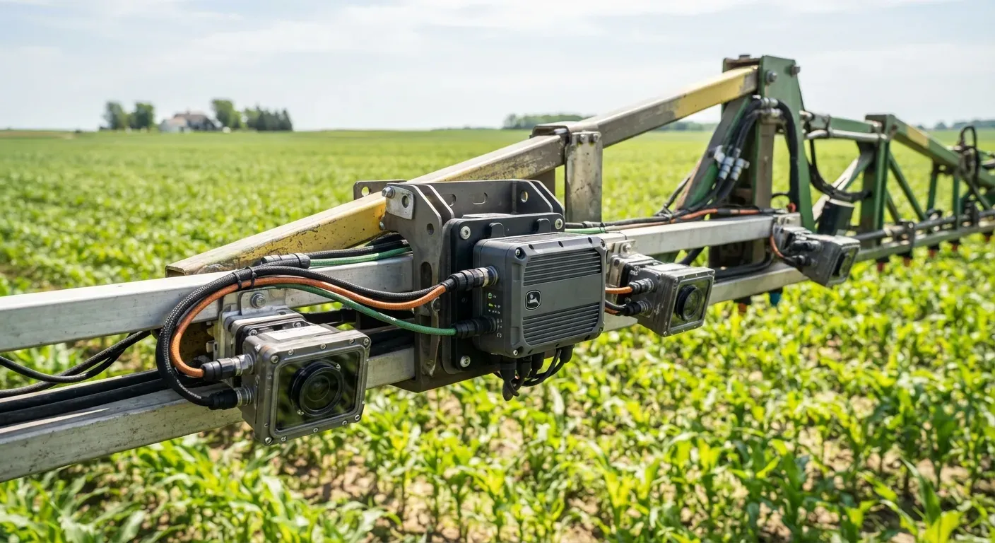 Unità di elaborazione immagini VPU John Deere montata su barra irroratrice, con telecamere puntate sulle colture, progettata per ambienti agricoli difficili.