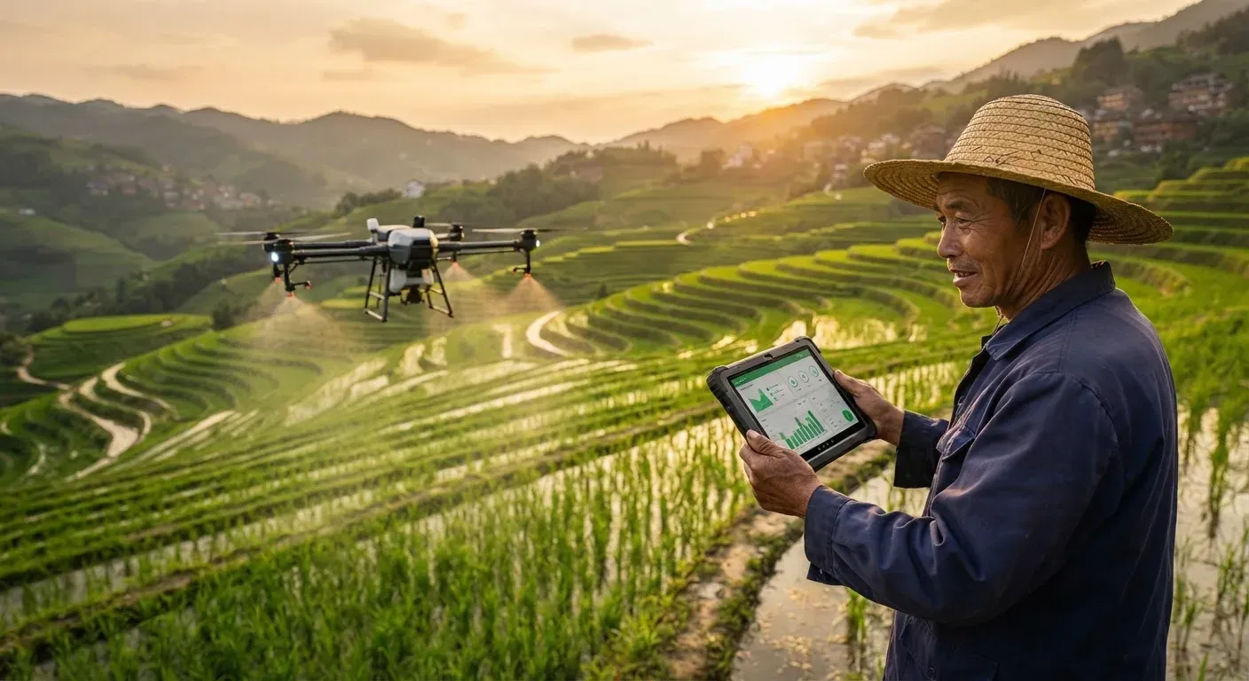 Un drone agricolo sorvola risaie terrazzate nello Zhejiang al tramonto, mentre un agricoltore osserva grafici astratti su un tablet; immagine realistica e luminosa, senza testi leggibili.