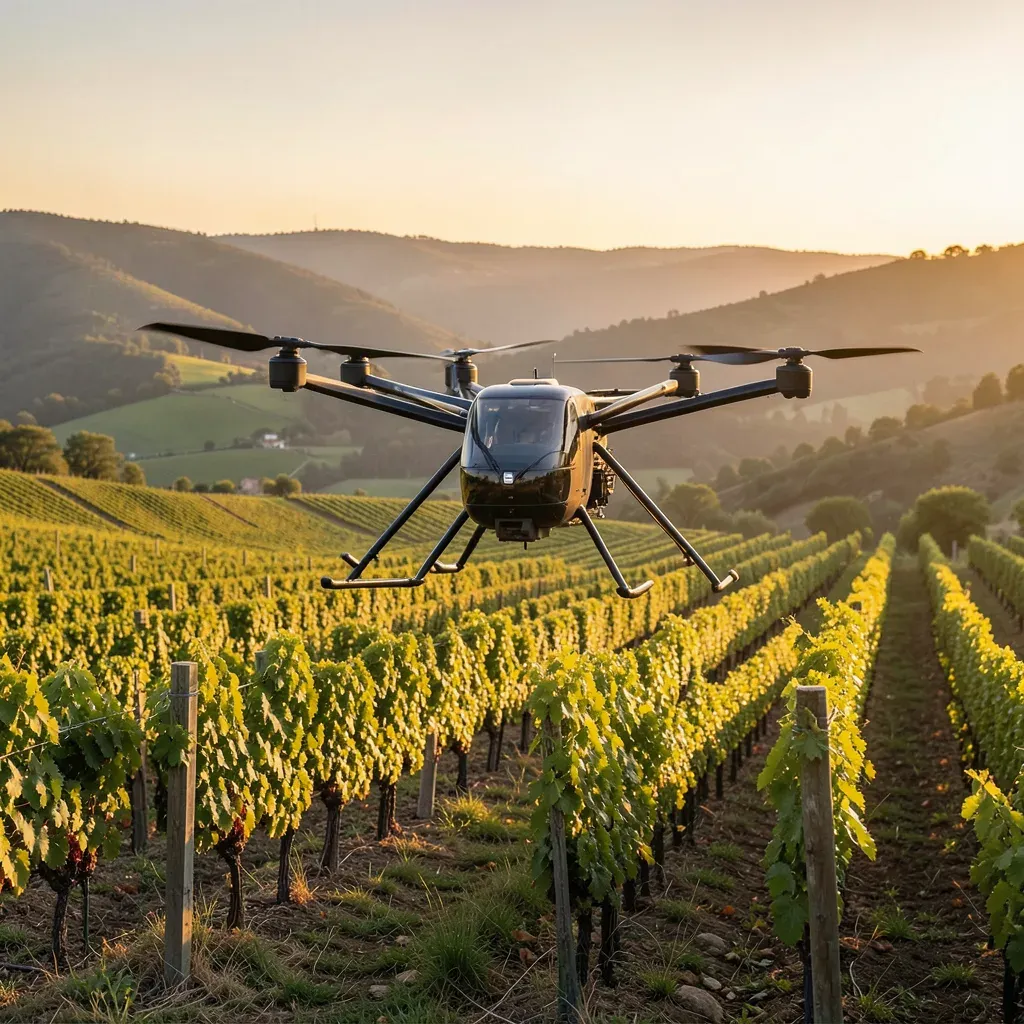 Drone agricolo in volo su un vigneto collinare
