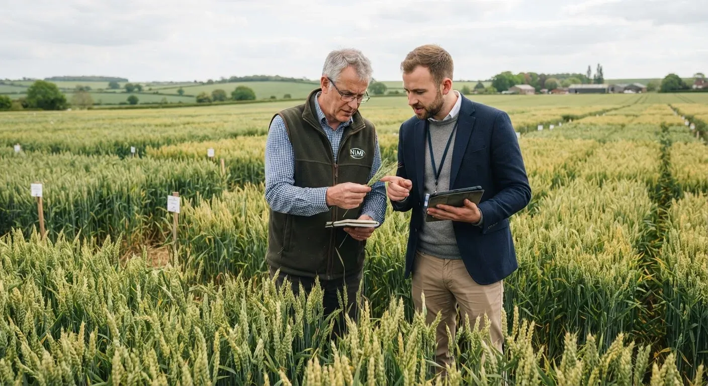 Wild Bio co-founder and CEO Ross Hendron (left) and F1 Seed founder and director Bill Angus (right) examine a wheat trial plot in Suffolk, UK.