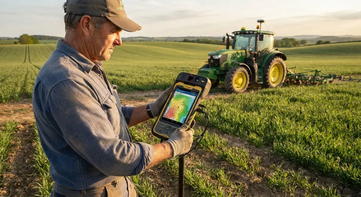 Agricoltore con dispositivo di rilevamento RTK portatile 3tag in un campo; sullo schermo è visibile una mappa di elevazione del terreno.