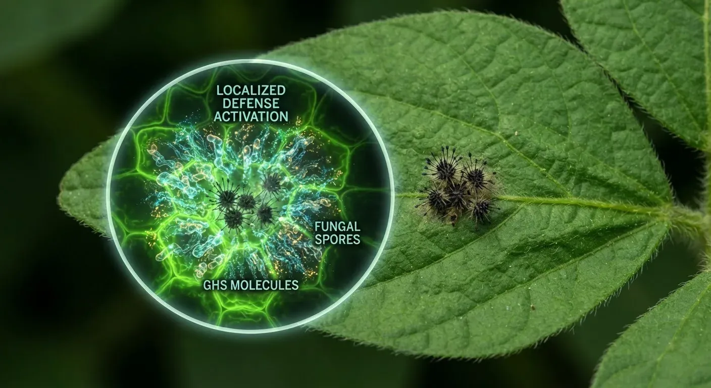 Dettaglio di una foglia di soia sana con una sezione ingrandita che mostra strutture molecolari luminescenti attivarsi localmente attorno a spore fungine, rappresentando la tecnologia di difesa vegetale "on-demand".