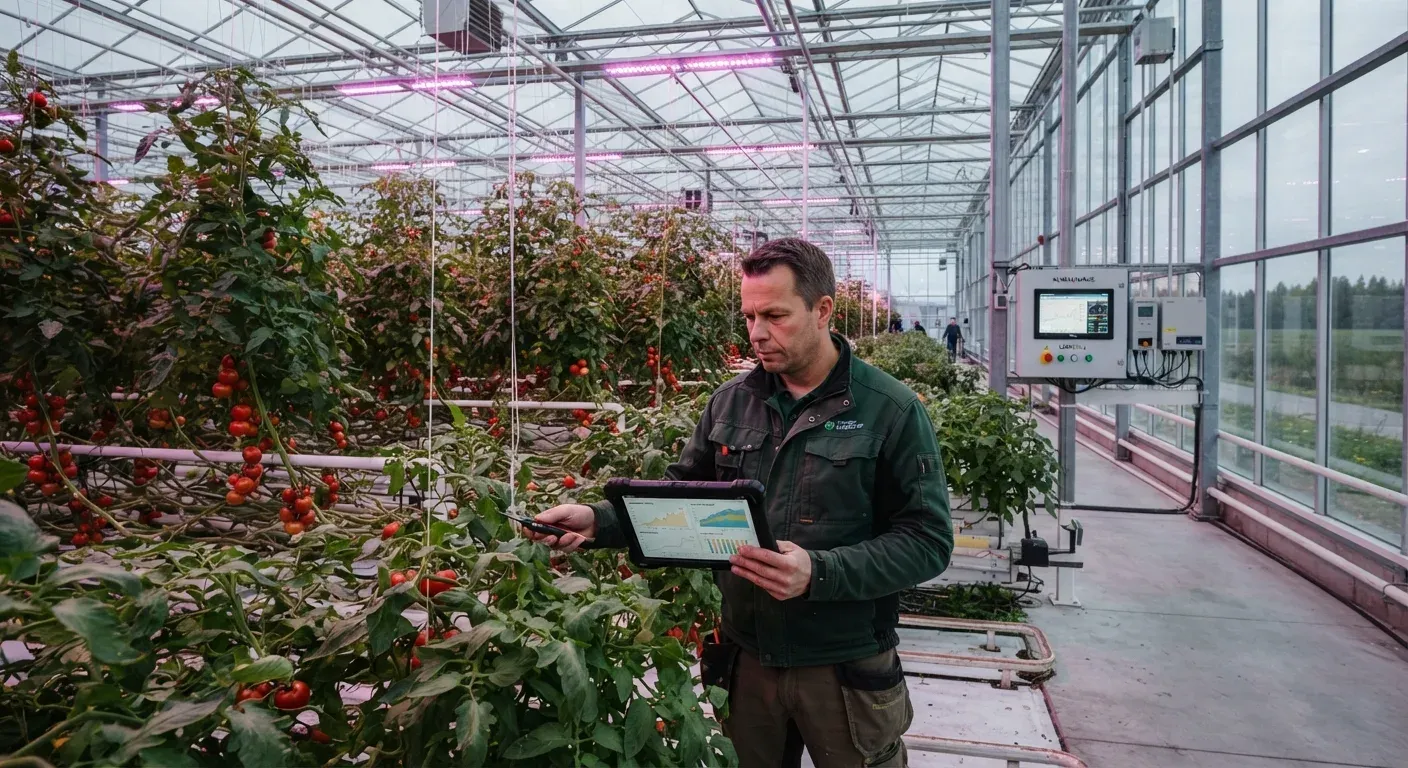 Interno di una serra ad alta tecnologia in Finlandia con piante di pomodoro sotto luci LED, un agricoltore controlla un tablet con grafici energetici e programmi di illuminazione.