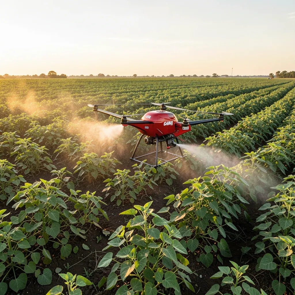 Drone agricolo Case IH P150 in volo su un campo di soia in Argentina, durante l'irrorazione di precisione.