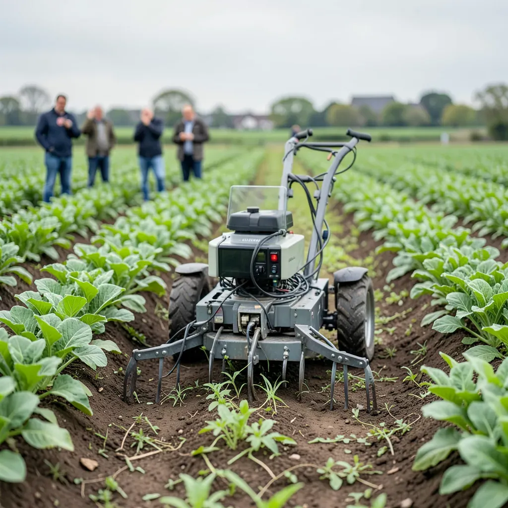 Un robot diserbante autonomo in azione tra le file di coltura in un campo biologico olandese, giornata nuvolosa, sensori e lame meccaniche visibili, persone sfocate sullo sfondo durante una dimostrazione in campo.