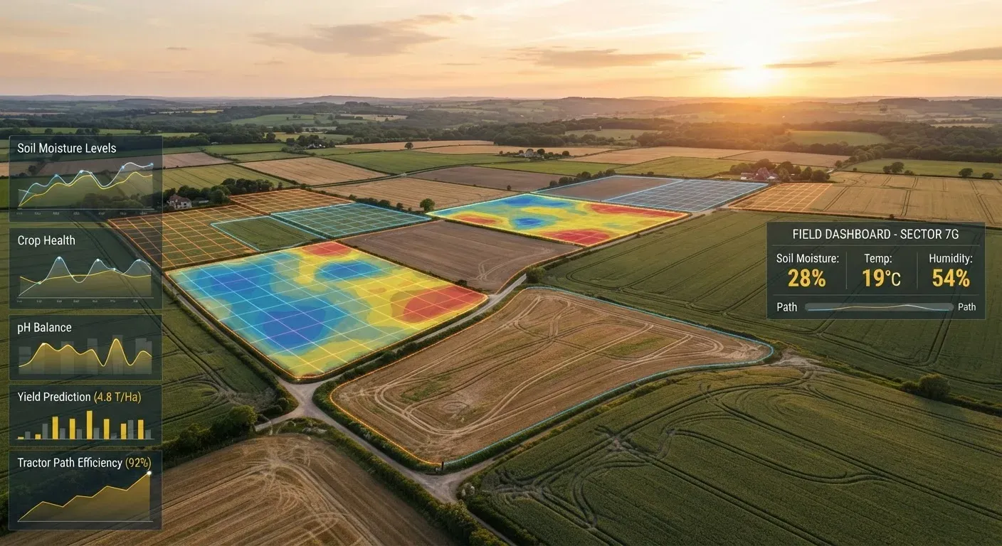 Un campo agricolo dall'alto con sovrapposizioni digitali di dati e mappe termiche, simbolo della sperimentazione in azienda
