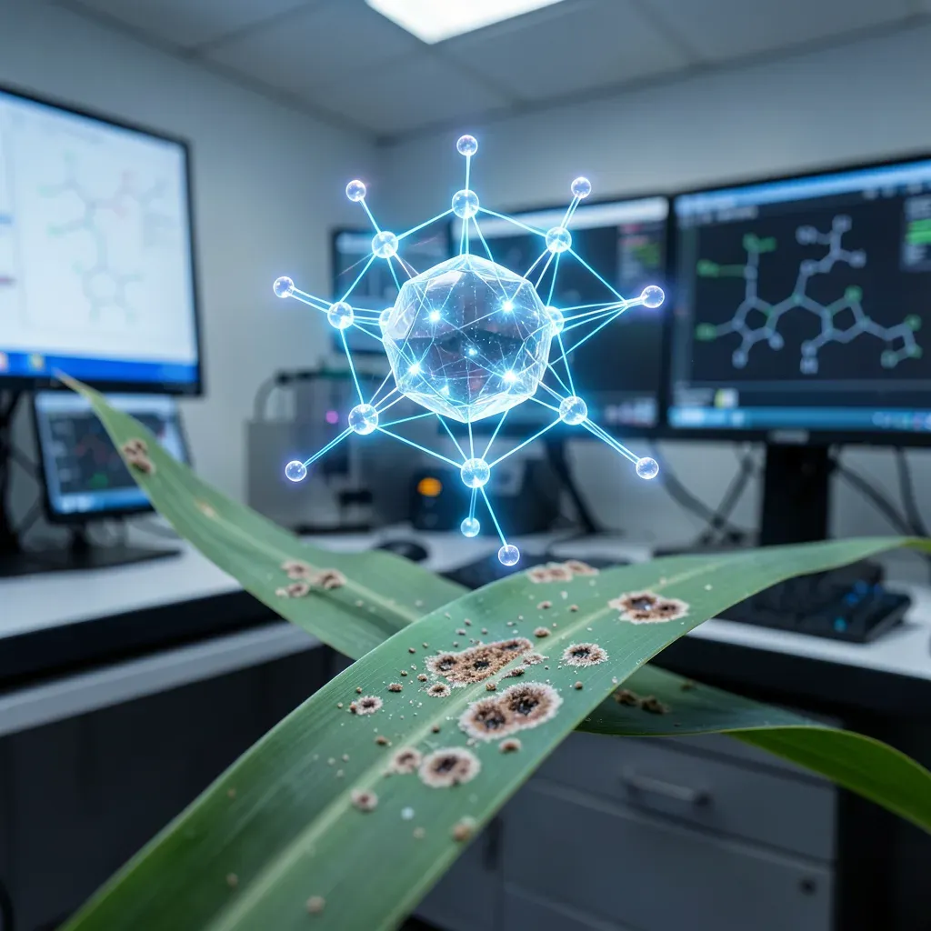 Modello molecolare digitale di un fungicida connesso a una rete neurale luminescente sopra una foglia di grano danneggiata da macchie fungine, in un laboratorio di ricerca agricola avanzato.