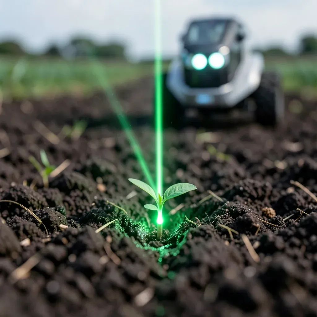 Primo piano di un raggio laser verde che colpisce con precisione una piccola pianta infestante in un campo coltivato, con un robot diserbante avanzato sullo sfondo sfocato.