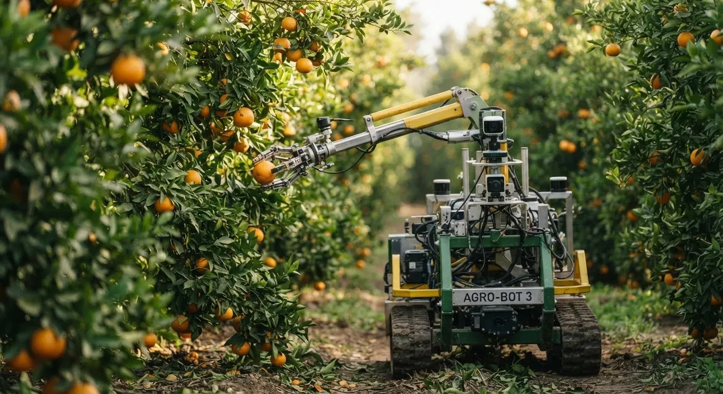Robot agricolo autonomo a più bracci meccanici intento a raccogliere arance in un agrumeto, con braccio telescopico e pinza che afferra un frutto tra le foglie, luce naturale, sfondo sfocato.