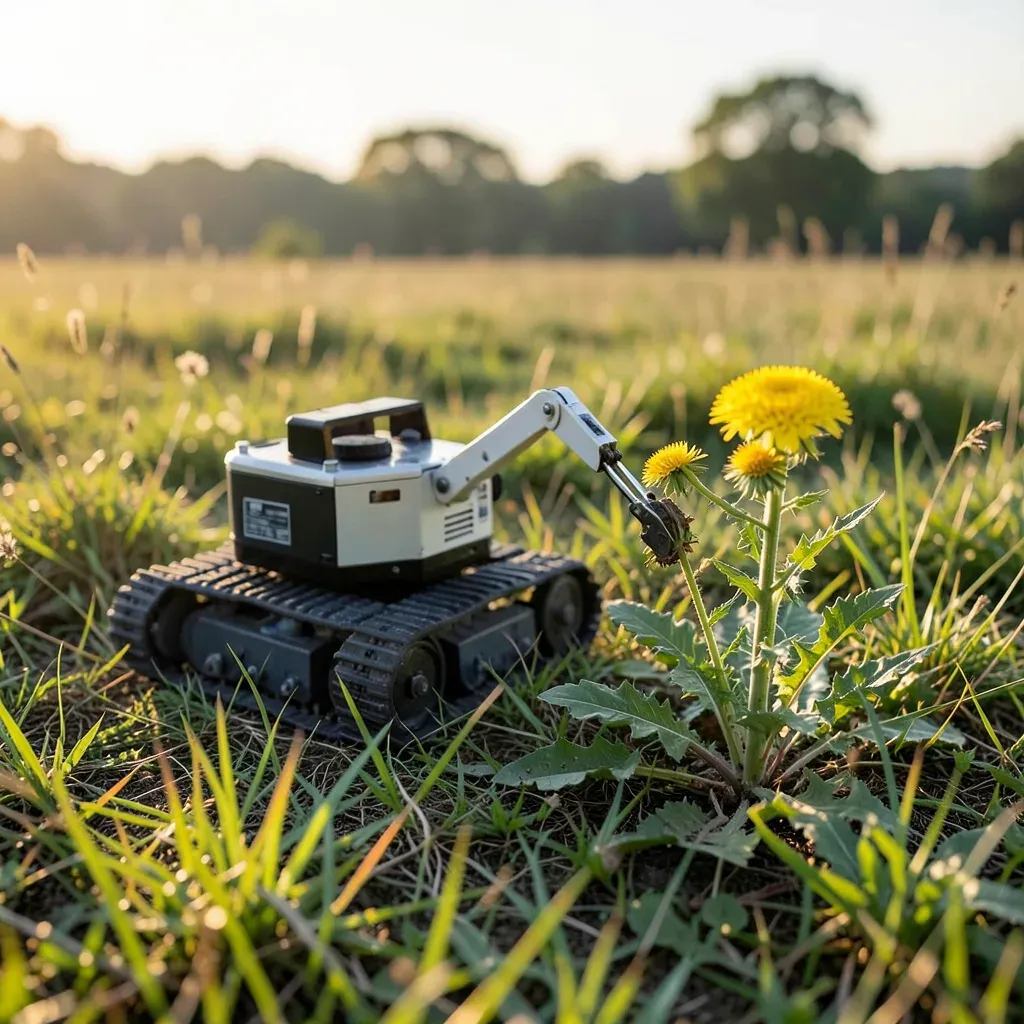 Un piccolo robot agricolo autonomo a trazione elettrica, con braccio meccanico, estrae una pianta di erba di San Giacomo (fiori gialli) in un campo verde, luce del primo mattino.