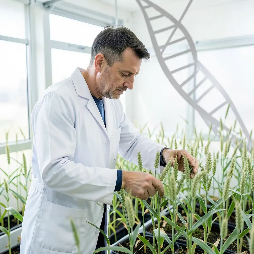 Ricercatore in camice bianco esamina piante di grano in una camera di crescita, con simbolo dell'elica del DNA sullo sfondo, a simboleggiare il gene editing applicato all'agricoltura.