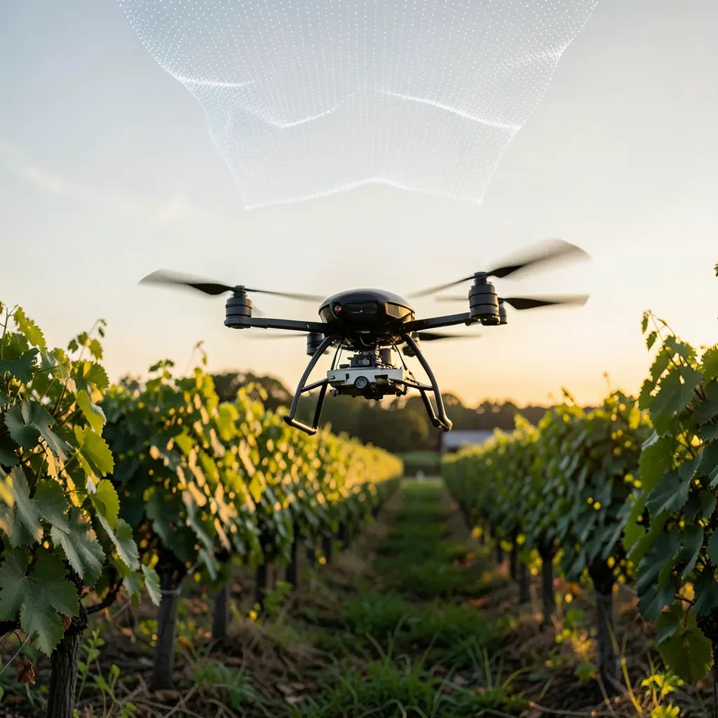 Drone con sensore LiDAR sorvola un vigneto per acquisire dati tridimensionali.