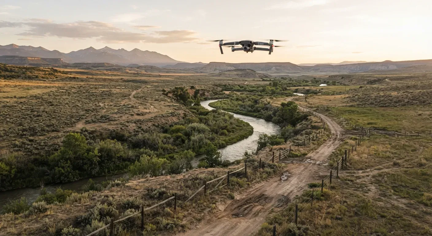Foto editoriale di un drone con fotocamera che sorvola all'alba il paesaggio rurale arido del Colorado: prateria con artemisia, un corso d'acqua con vegetazione ripariale, recinzioni di un ranch e una strada sterrata con segni di erosione.