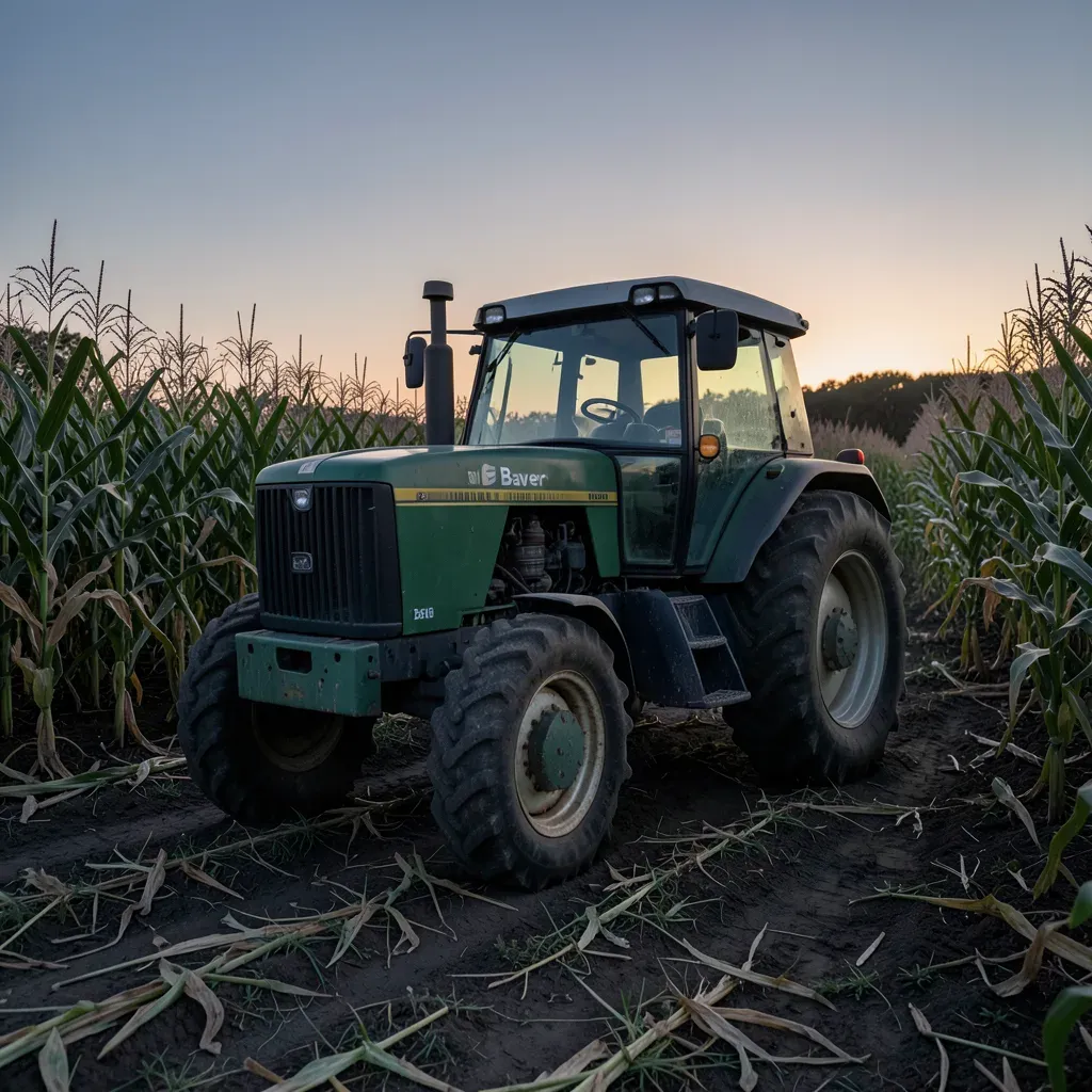 Trattore agricolo con kit di guida autonoma Sabanto in funzione in un campo di mais al tramonto, senza conducente a bordo.
