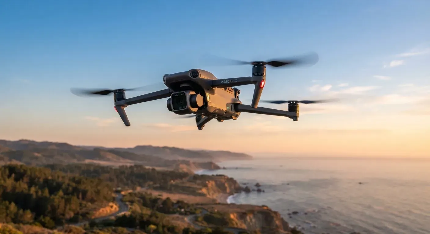 Drone DJI Mavic 4 Pro in volo al tramonto con il suo gimbal a tre assi visibile sotto la fusoliera, paesaggio sullo sfondo illuminato da luce calda.