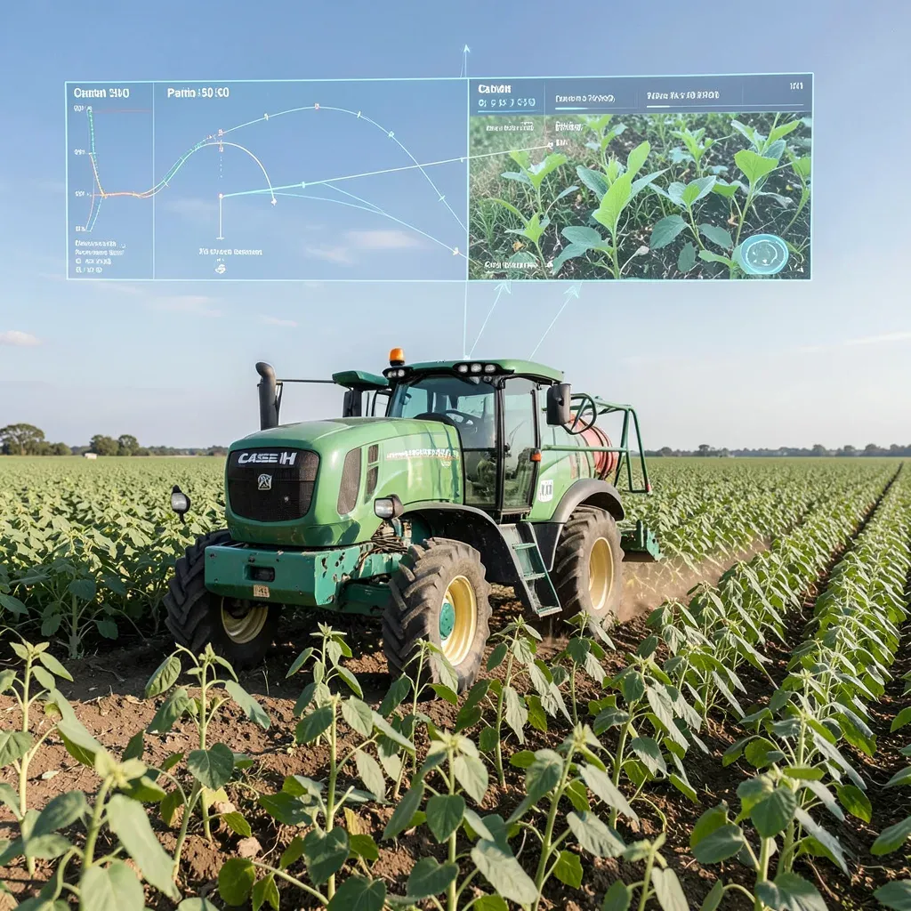 Spruzzatore semovente Case IH Patriot 50 in azione su un campo di soia a Charata, Argentina, con sovrimpressione digitale di dati telematici e visualizzazione del riconoscimento IA delle infestanti.