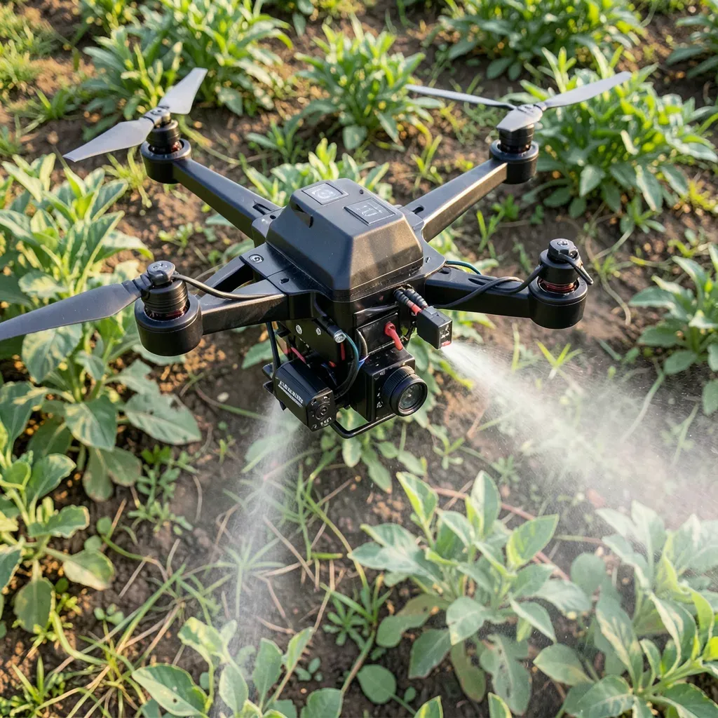 Primo piano aereo di un drone multielica agricolo che irrora un campo di colture, con unità di propulsione visibili che integrano motori brushless e controller elettronici di velocità, illuminazione realistica, nessun testo